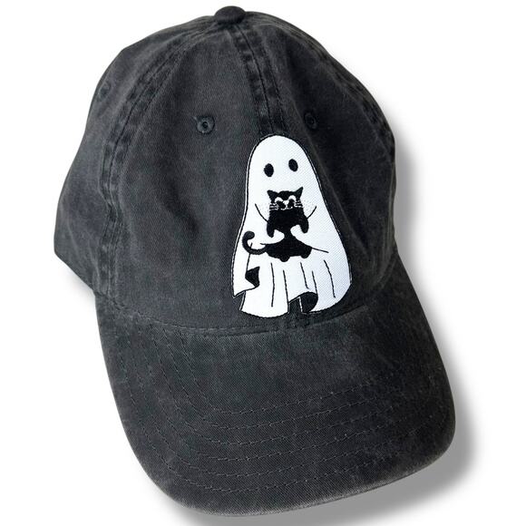 Hats Amore LLC Dark Gray Ghost Holding Black Kitty Patch Adjustable Baseball Hat - Picture 1 of 8